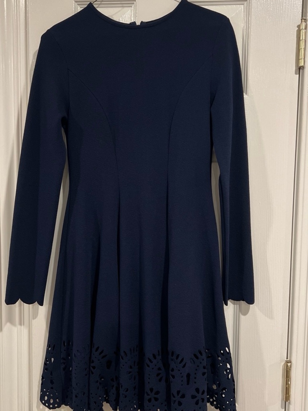 Women's Navy Long-Sleeve Laser-Cut Hem Fit & Flare Dress